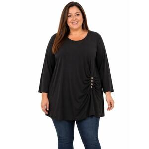 Carmen Marc Valvo Woman Black Ruched Gold Button Stretch Top Blouse 1X NWOT